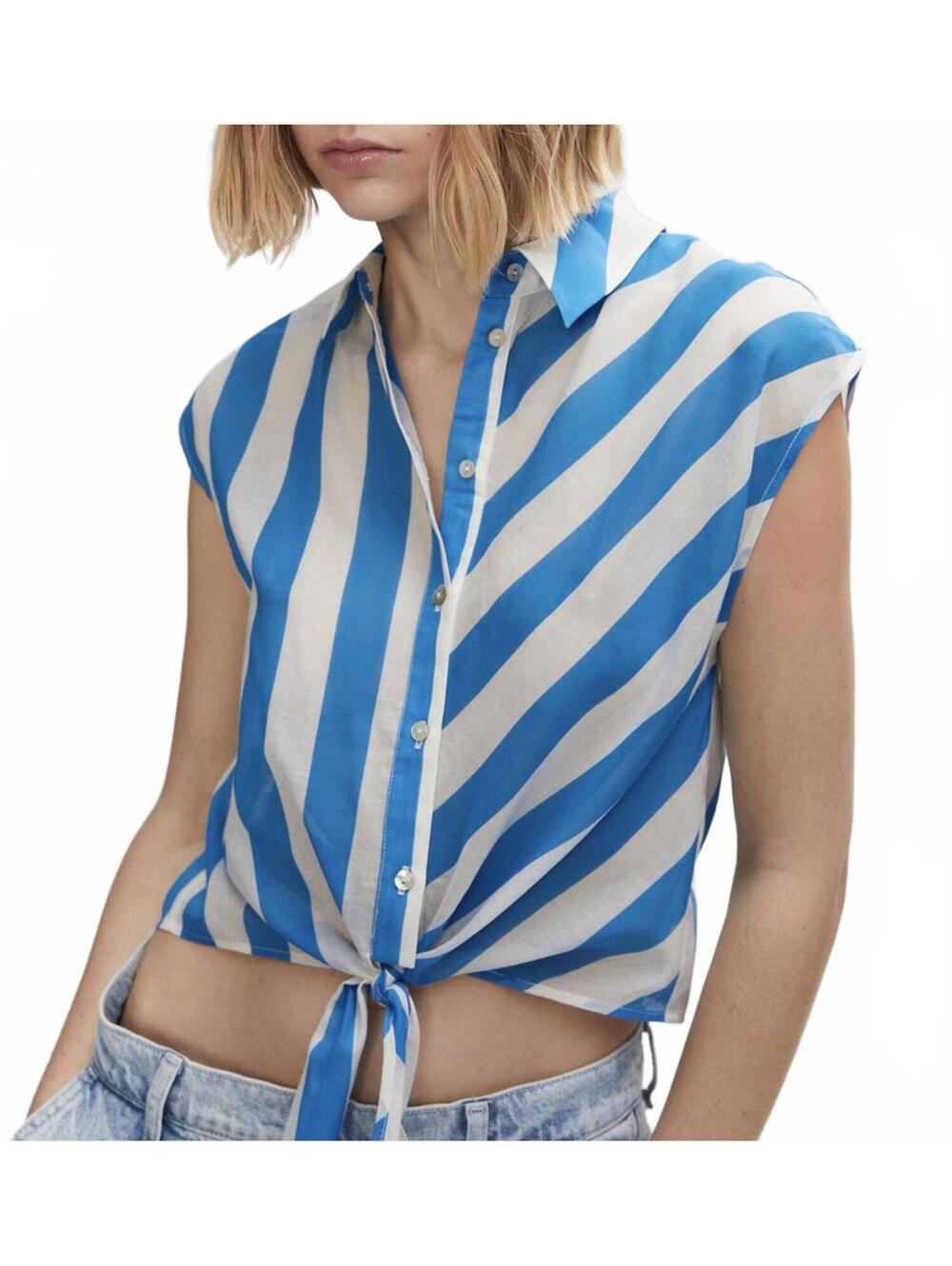 Mango Cotton Front Waist Bow Printed Shirt Ink Blue White Stripes NWT Size 0/XXS